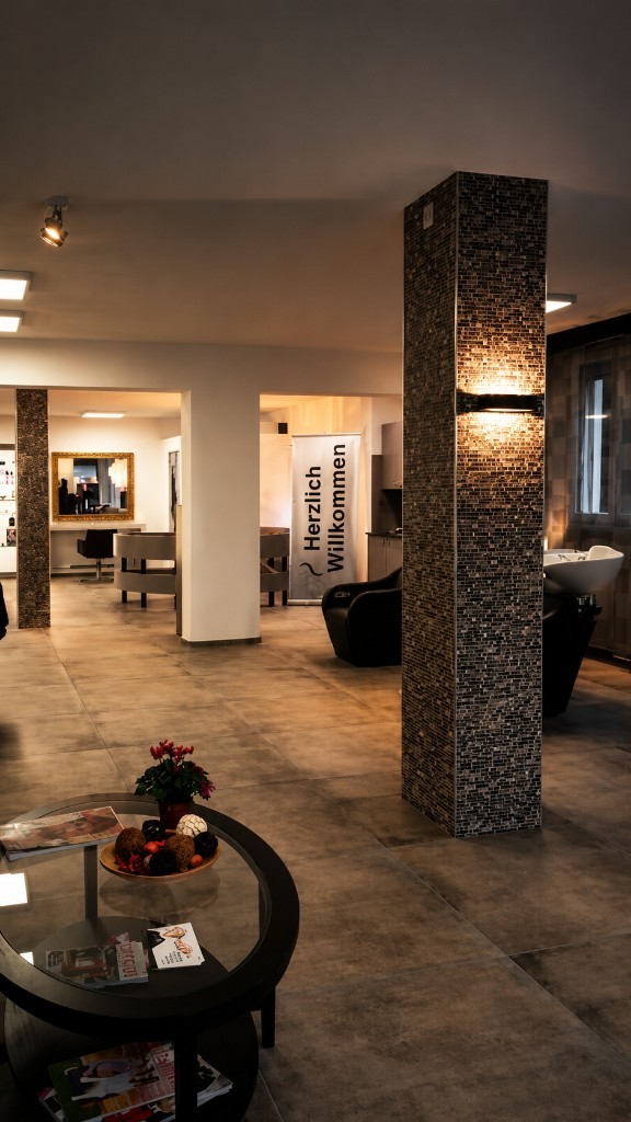 Empfang und Wartebereich mit Mosaik-Säule und Willkommensschild